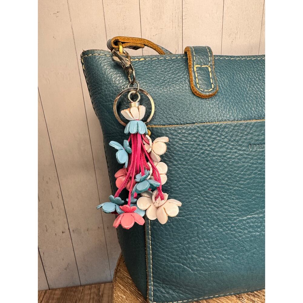 Accessory Purse Charm Genuine Leather Bag Charm Blue Pink White Flower Bouquet - Picture 2 of 5